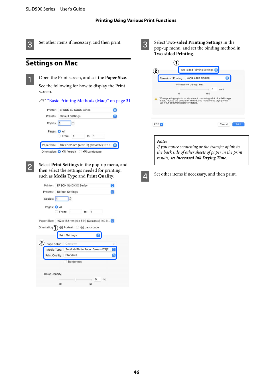 Settings on mac | Epson SureLab D570 Professional Minilab Photo Printer User Manual | Page 46 / 148