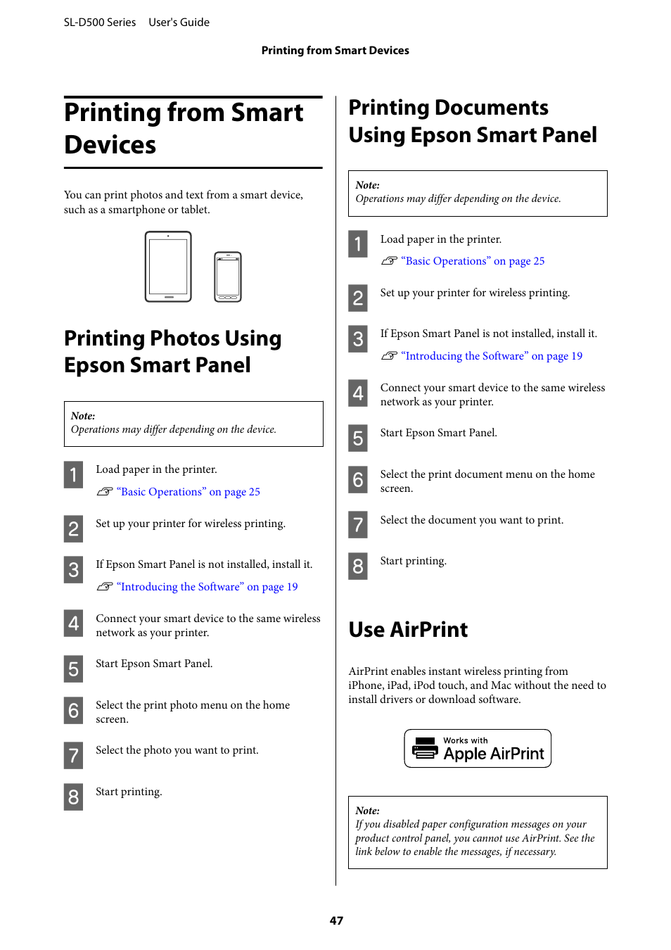 Printing from smart devices, Printing photos using epson smart panel, Printing documents using epson smart panel | Use airprint | Epson SureLab D570 Professional Minilab Photo Printer User Manual | Page 47 / 148