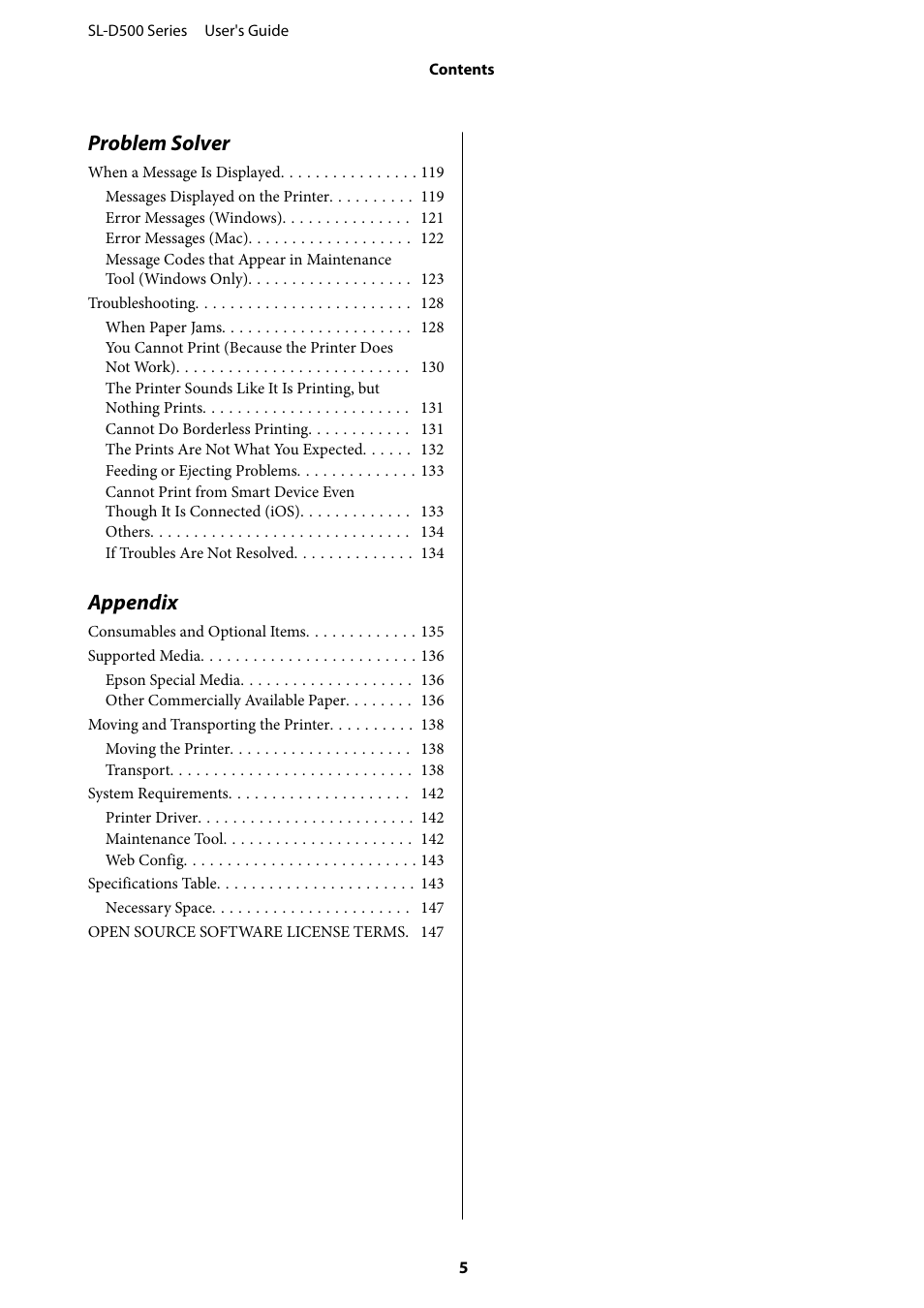 Problem solver, Appendix | Epson SureLab D570 Professional Minilab Photo Printer User Manual | Page 5 / 148