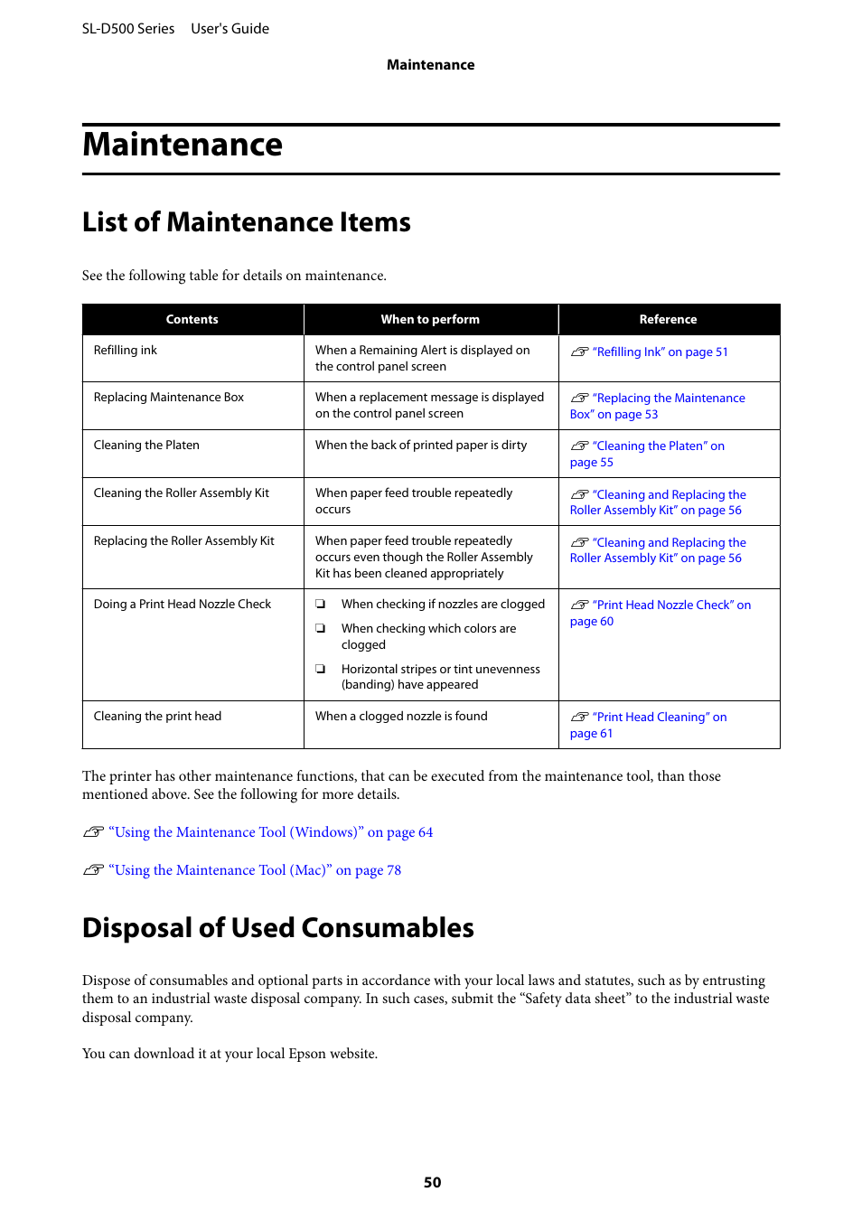 Maintenance, List of maintenance items, Disposal of used consumables | Epson SureLab D570 Professional Minilab Photo Printer User Manual | Page 50 / 148