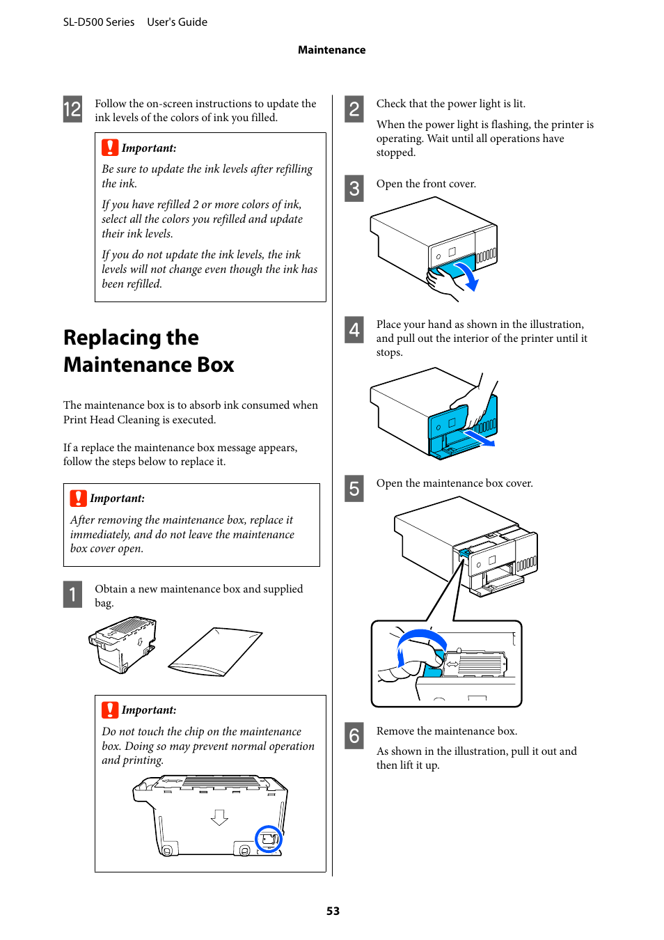 Replacing the maintenance box, Replacing the maintenance | Epson SureLab D570 Professional Minilab Photo Printer User Manual | Page 53 / 148