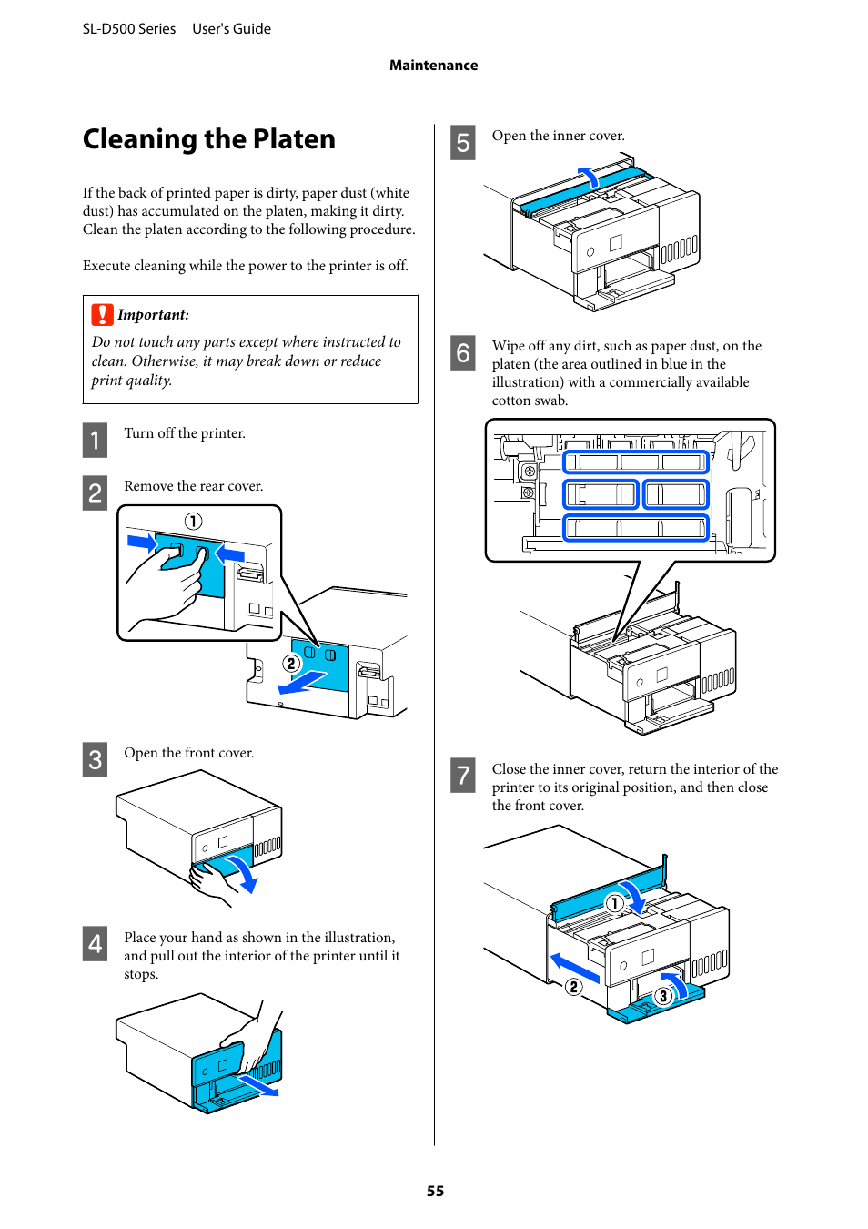Cleaning the platen, Cleaning the platen” on | Epson SureLab D570 Professional Minilab Photo Printer User Manual | Page 55 / 148