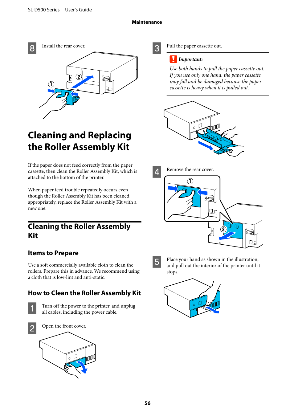 Cleaning and replacing the roller assembly kit, Cleaning the roller assembly kit, Items to prepare | How to clean the roller assembly kit, Cleaning and replacing the | Epson SureLab D570 Professional Minilab Photo Printer User Manual | Page 56 / 148