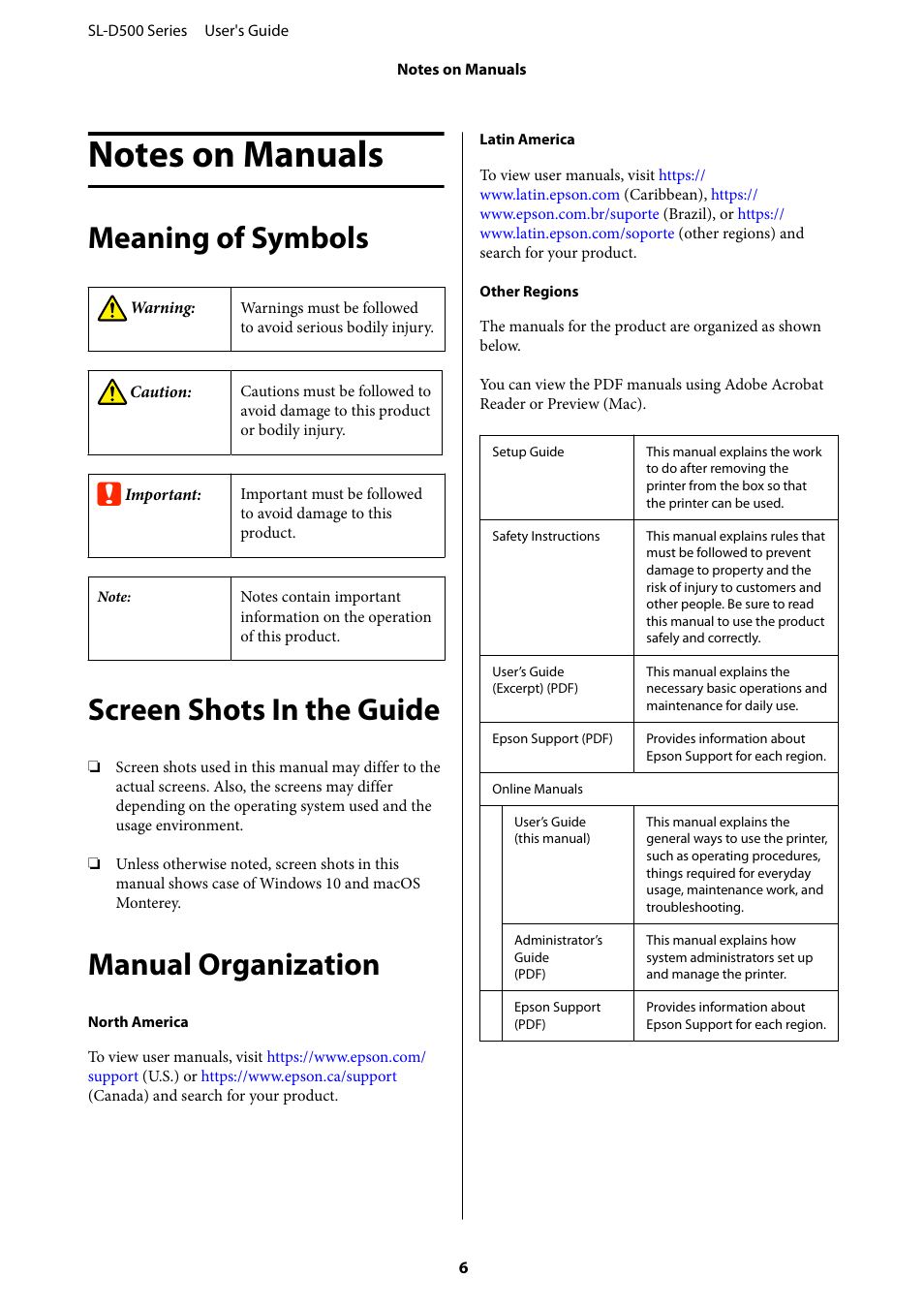 Notes on manuals, Meaning of symbols, Screen shots in the guide | Manual organization | Epson SureLab D570 Professional Minilab Photo Printer User Manual | Page 6 / 148