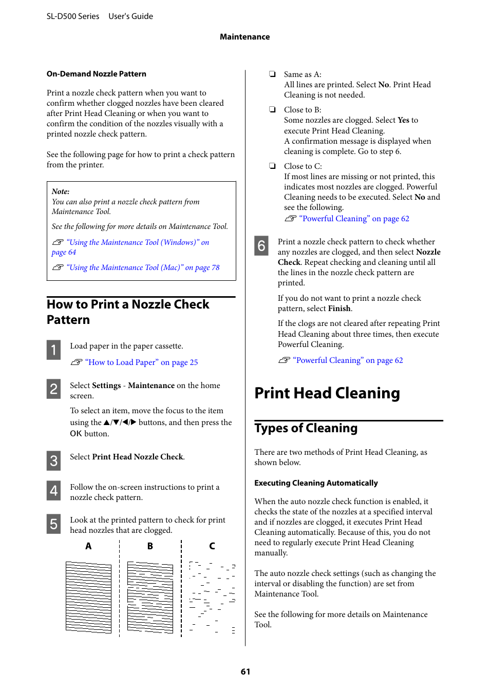 How to print a nozzle check pattern, Print head cleaning, Types of cleaning | Print head cleaning” on | Epson SureLab D570 Professional Minilab Photo Printer User Manual | Page 61 / 148