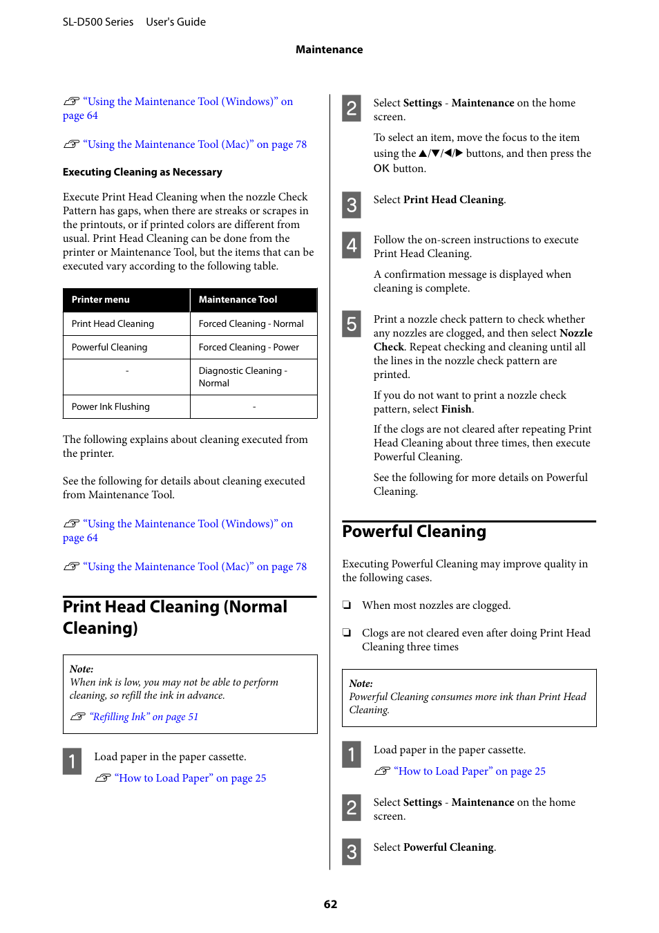 Print head cleaning (normal cleaning), Powerful cleaning | Epson SureLab D570 Professional Minilab Photo Printer User Manual | Page 62 / 148