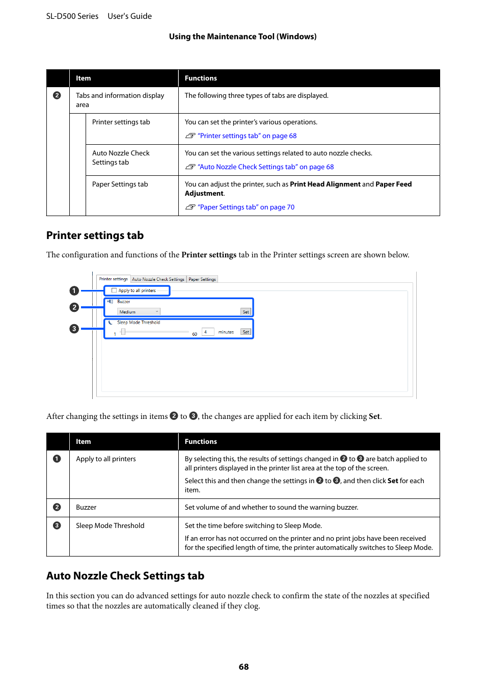 Printer settings tab, Auto nozzle check settings tab | Epson SureLab D570 Professional Minilab Photo Printer User Manual | Page 68 / 148