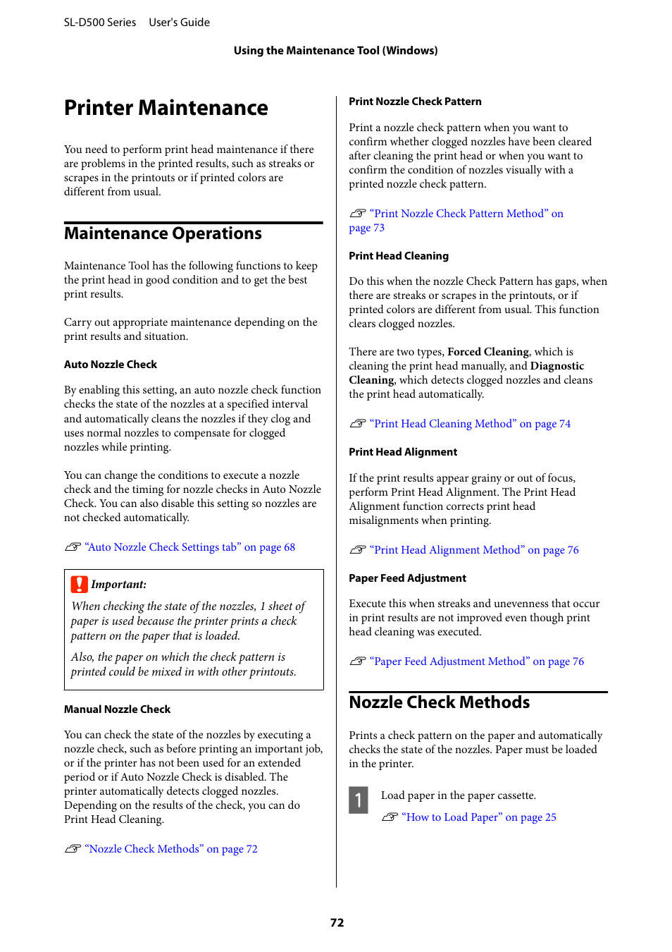 Printer maintenance, Maintenance operations, Nozzle check methods | Maintenance operations nozzle check methods | Epson SureLab D570 Professional Minilab Photo Printer User Manual | Page 72 / 148