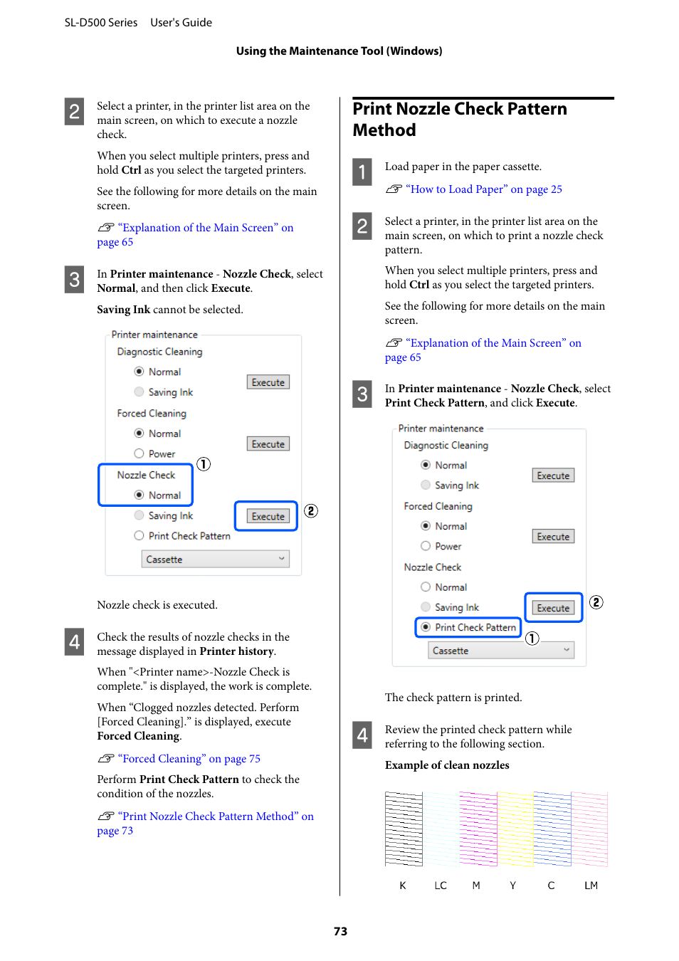 Print nozzle check pattern method, Print nozzle check pattern method” on | Epson SureLab D570 Professional Minilab Photo Printer User Manual | Page 73 / 148