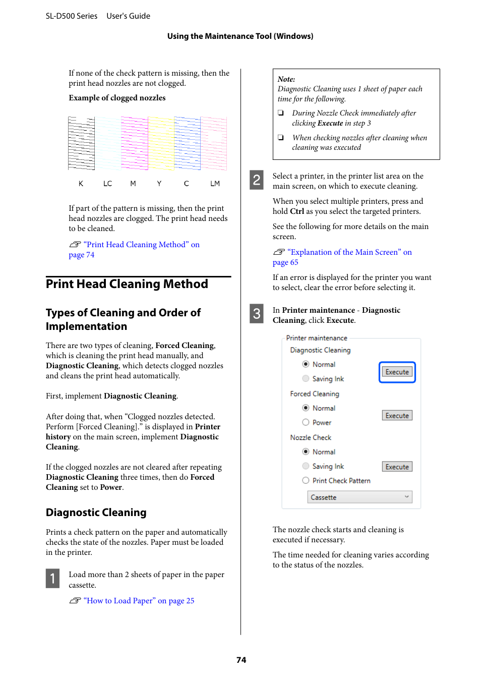 Print head cleaning method, Types of cleaning and order of implementation, Diagnostic cleaning | Epson SureLab D570 Professional Minilab Photo Printer User Manual | Page 74 / 148