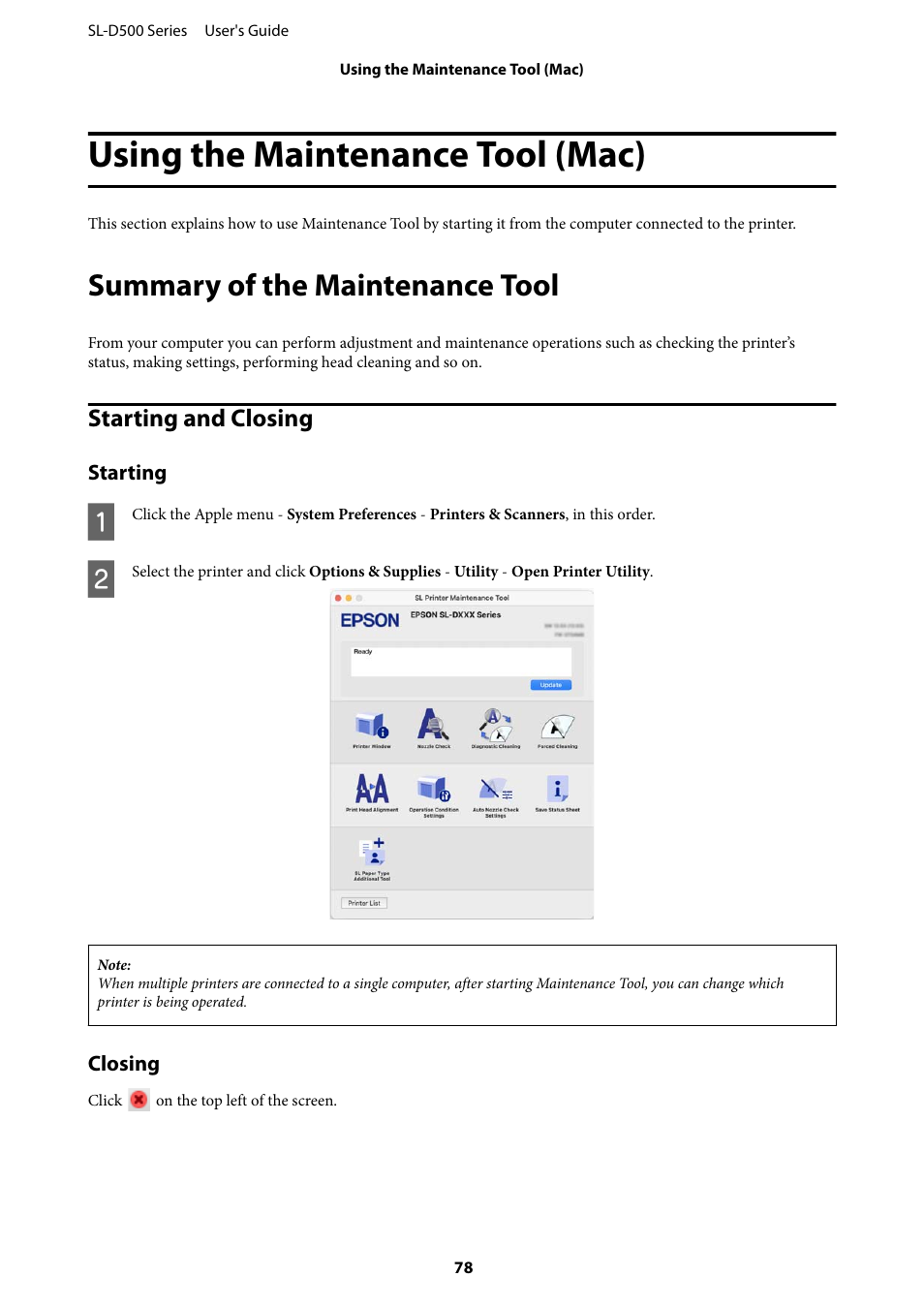 Using the maintenance tool (mac), Summary of the maintenance tool, Starting and closing | Starting, Closing | Epson SureLab D570 Professional Minilab Photo Printer User Manual | Page 78 / 148