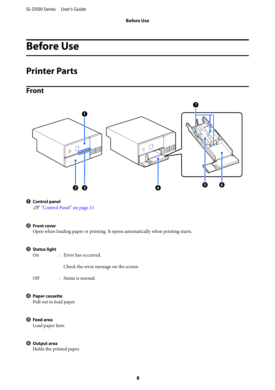 Before use, Printer parts, Front | Epson SureLab D570 Professional Minilab Photo Printer User Manual | Page 8 / 148