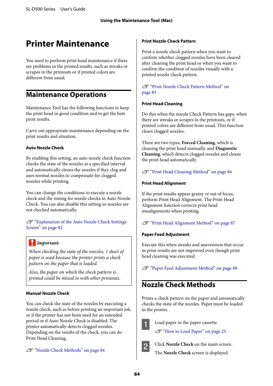 Printer maintenance, Maintenance operations, Nozzle check methods | Maintenance operations nozzle check methods | Epson SureLab D570 Professional Minilab Photo Printer User Manual | Page 84 / 148