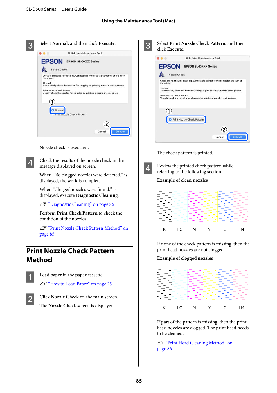 Print nozzle check pattern method, Print nozzle check pattern method” on | Epson SureLab D570 Professional Minilab Photo Printer User Manual | Page 85 / 148