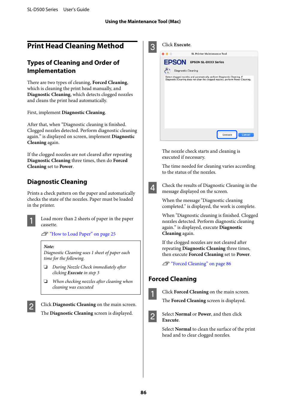Print head cleaning method, Types of cleaning and order of implementation, Diagnostic cleaning | Forced cleaning, Print head cleaning method” on | Epson SureLab D570 Professional Minilab Photo Printer User Manual | Page 86 / 148