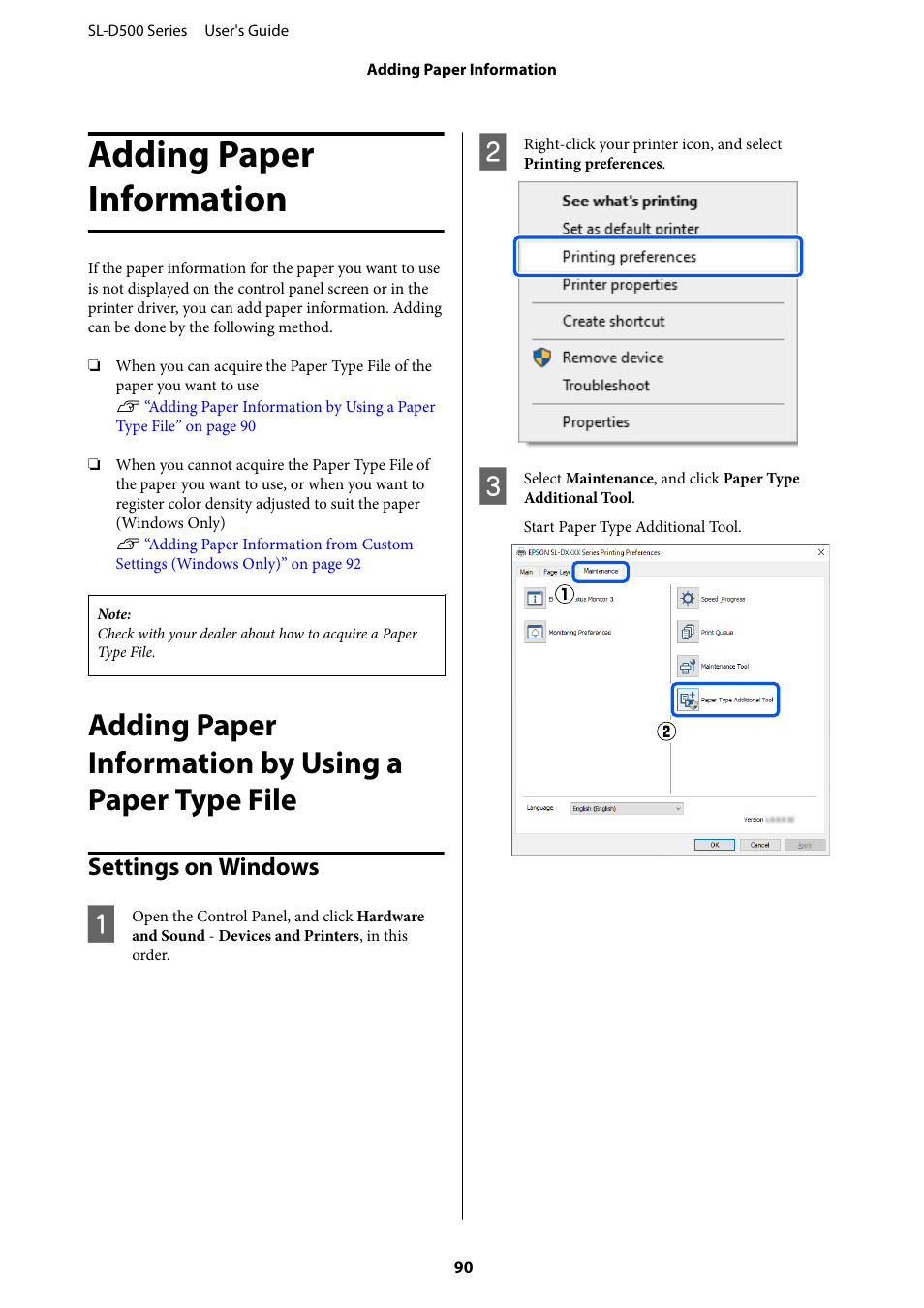 Adding paper information, Settings on windows | Epson SureLab D570 Professional Minilab Photo Printer User Manual | Page 90 / 148