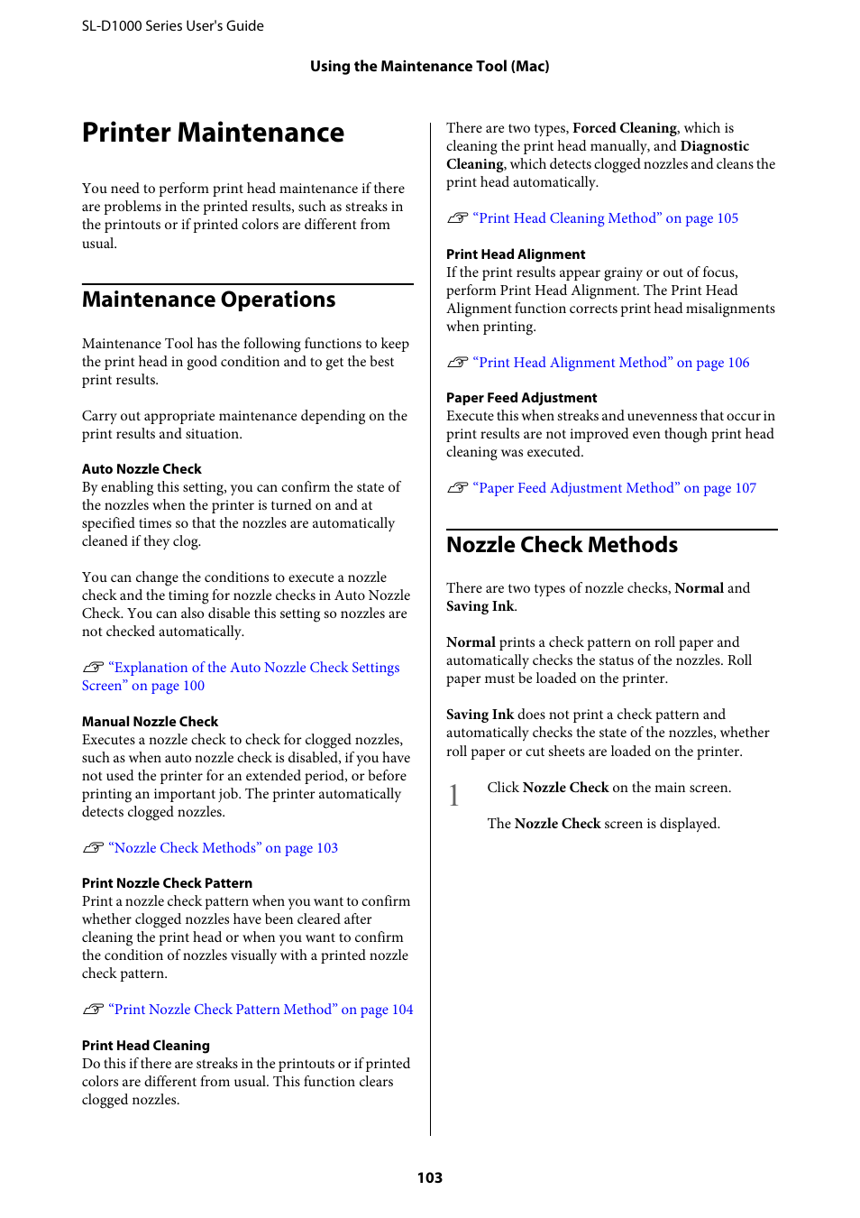 Printer maintenance, Maintenance operations, Nozzle check methods | Maintenance operations nozzle check methods | Epson SureLab D1070 Professional Minilab Printer User Manual | Page 103 / 198