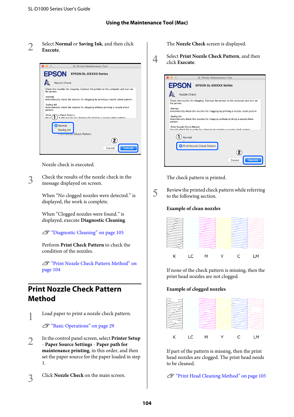 Print nozzle check pattern method | Epson SureLab D1070 Professional Minilab Printer User Manual | Page 104 / 198