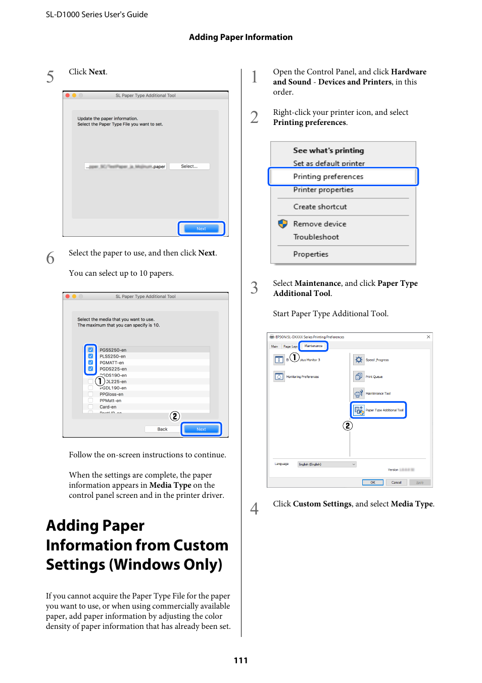 Adding paper information from custom setting, Adding paper information from custom | Epson SureLab D1070 Professional Minilab Printer User Manual | Page 111 / 198