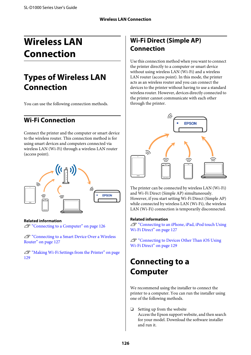 Wireless lan connection, Types of wireless lan connection, Wi-fi connection | Wi-fi direct (simple ap) connection, Connecting to a computer | Epson SureLab D1070 Professional Minilab Printer User Manual | Page 126 / 198