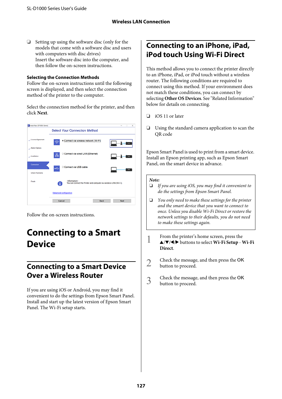 Connecting to a smart device, Connecting to a smart device over a wireless, Connecting to an iphone, ipad, ipod touch using | Epson SureLab D1070 Professional Minilab Printer User Manual | Page 127 / 198