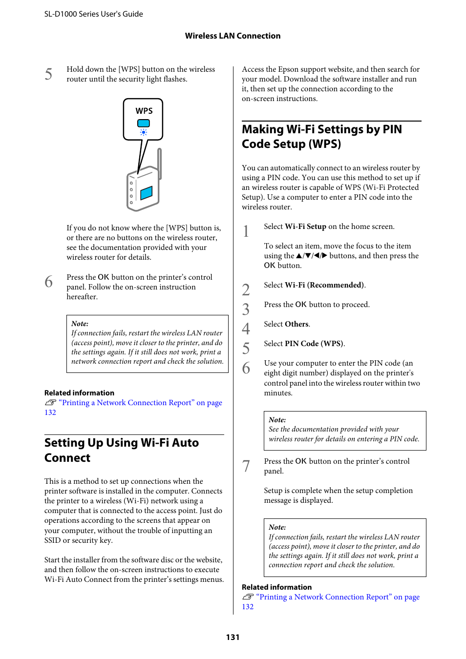 Setting up using wi-fi auto connect, Making wi-fi settings by pin code setup (wps), Setting up using | Making wi-fi settings by pin code setup (wps, Making wi-fi settings by pin code setup | Epson SureLab D1070 Professional Minilab Printer User Manual | Page 131 / 198