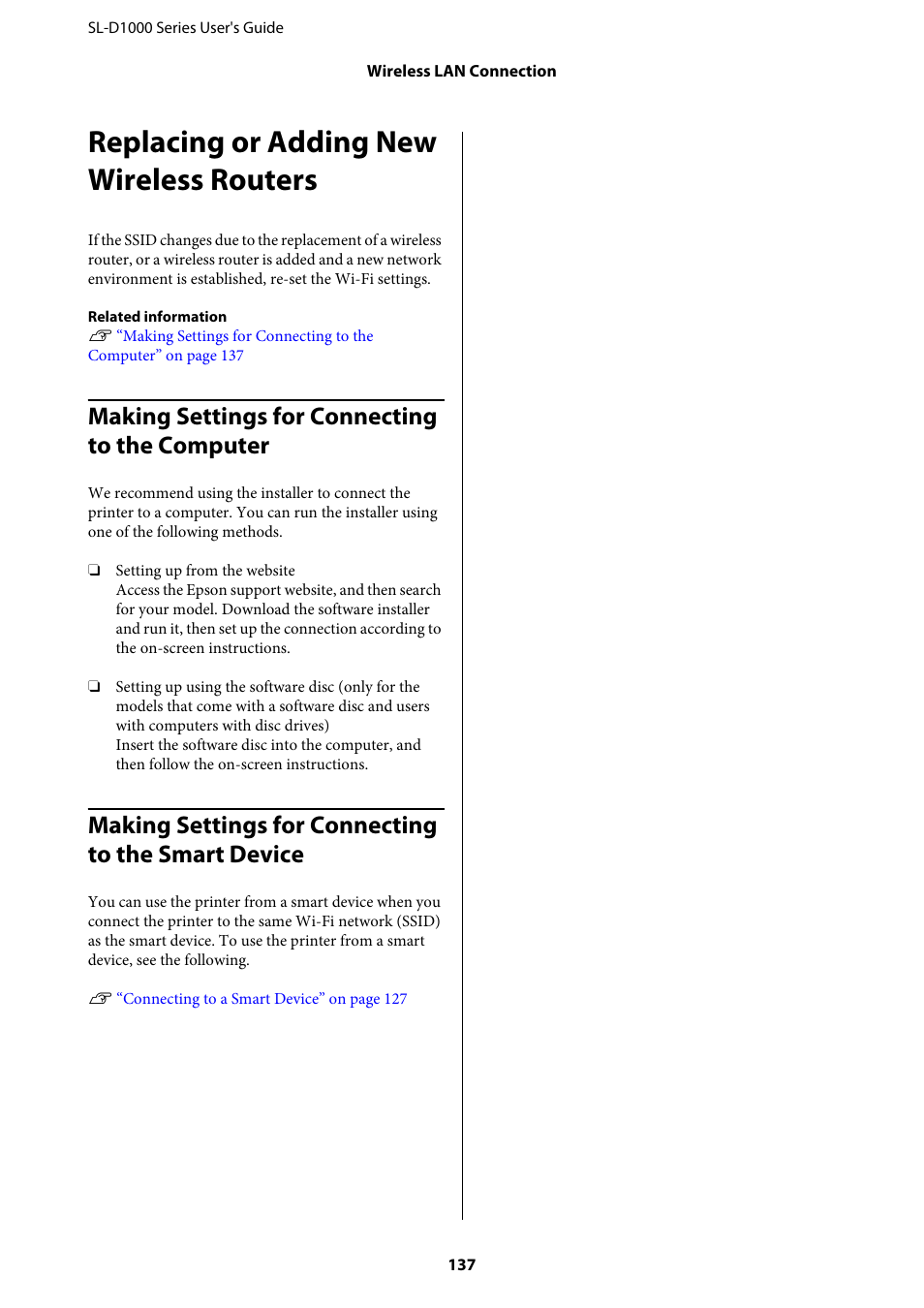 Replacing or adding new wireless routers, Making settings for connecting to the computer, Making settings for connecting to the smart device | Epson SureLab D1070 Professional Minilab Printer User Manual | Page 137 / 198