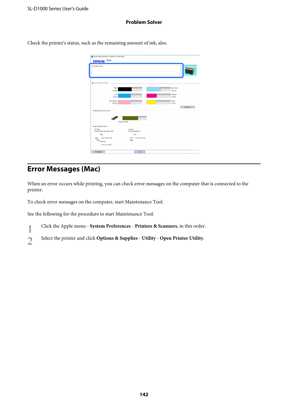 Error messages (mac) | Epson SureLab D1070 Professional Minilab Printer User Manual | Page 142 / 198