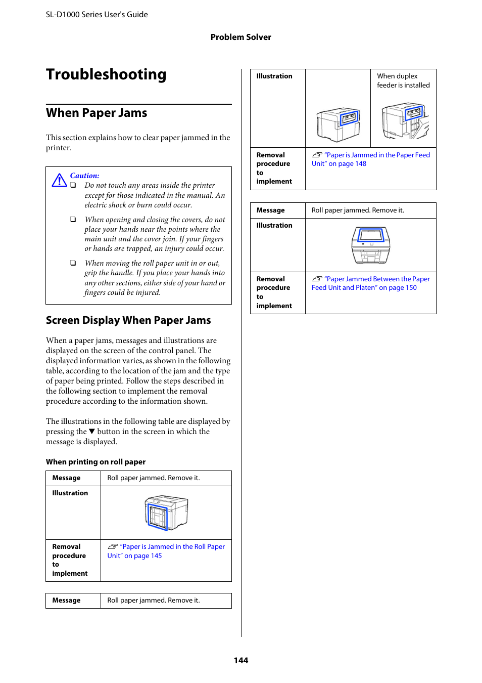 Troubleshooting, When paper jams, Screen display when paper jams | Epson SureLab D1070 Professional Minilab Printer User Manual | Page 144 / 198