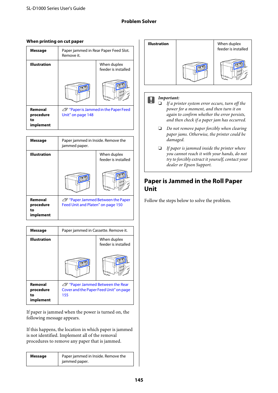 Paper is jammed in the roll paper, Paper is jammed in the roll paper unit | Epson SureLab D1070 Professional Minilab Printer User Manual | Page 145 / 198