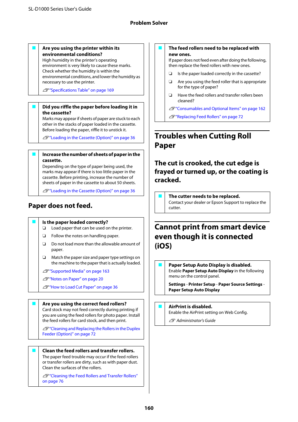 Troubles when cutting roll paper, Cannot print from smart device even though it is, Paper does not feed | Epson SureLab D1070 Professional Minilab Printer User Manual | Page 160 / 198