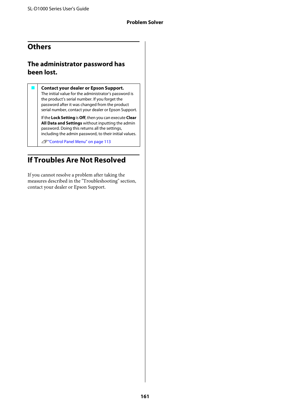 Others, If troubles are not resolved, Others if troubles are not resolved | The administrator password has been lost | Epson SureLab D1070 Professional Minilab Printer User Manual | Page 161 / 198