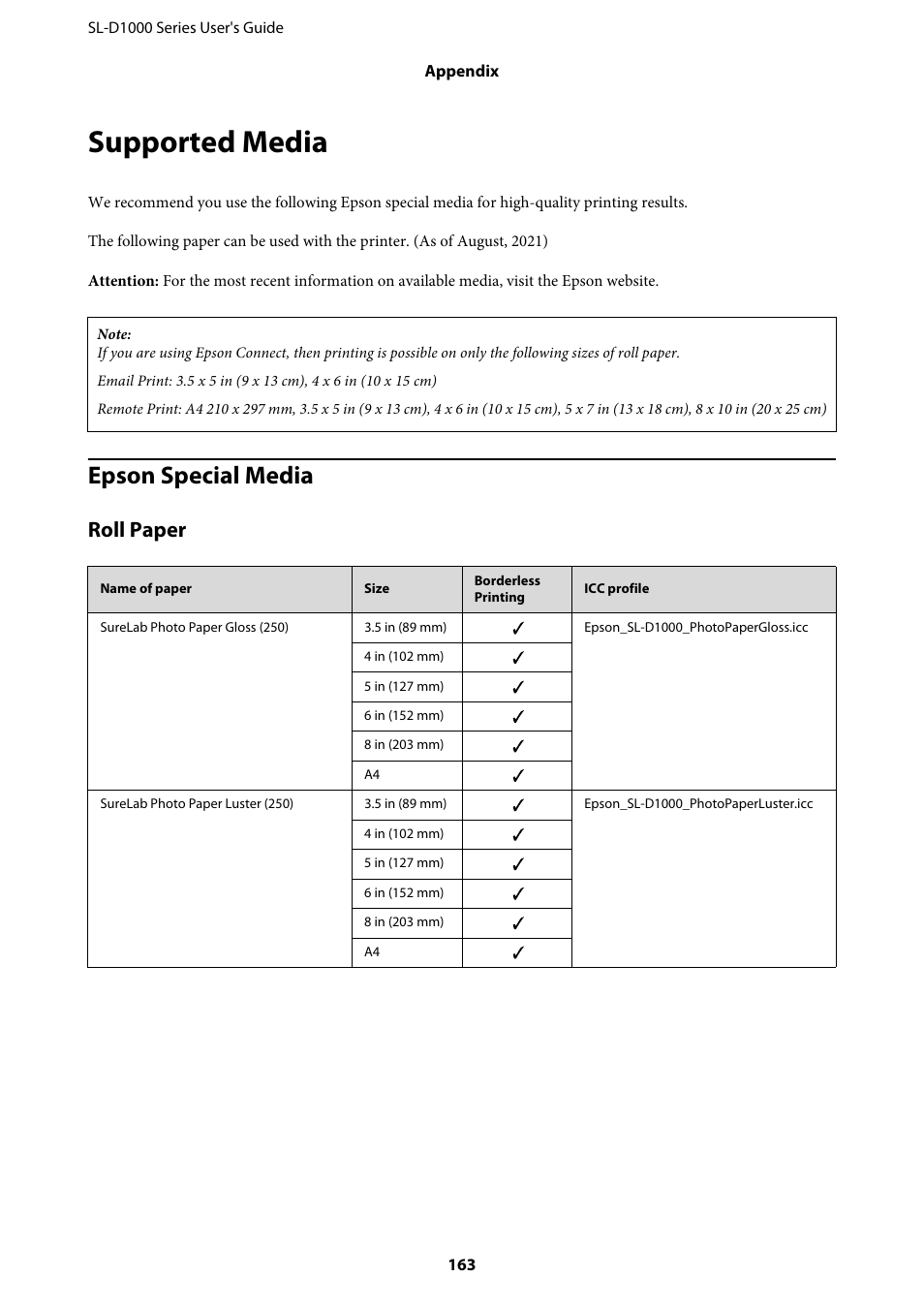 Supported media, Epson special media, Roll paper | Epson SureLab D1070 Professional Minilab Printer User Manual | Page 163 / 198