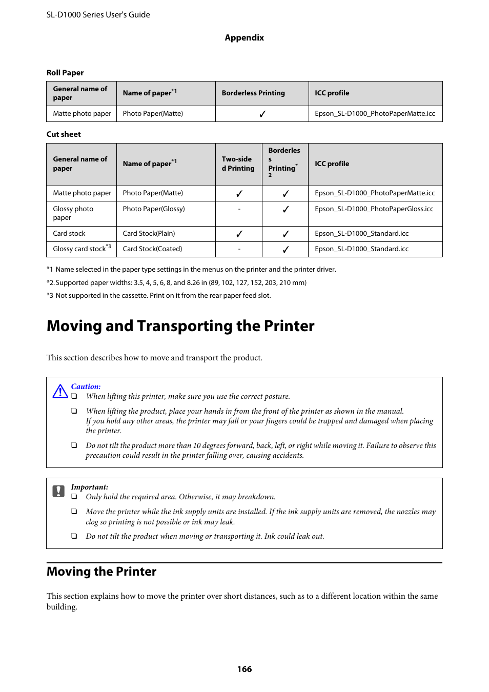 Moving and transporting the printer, Moving the printer | Epson SureLab D1070 Professional Minilab Printer User Manual | Page 166 / 198