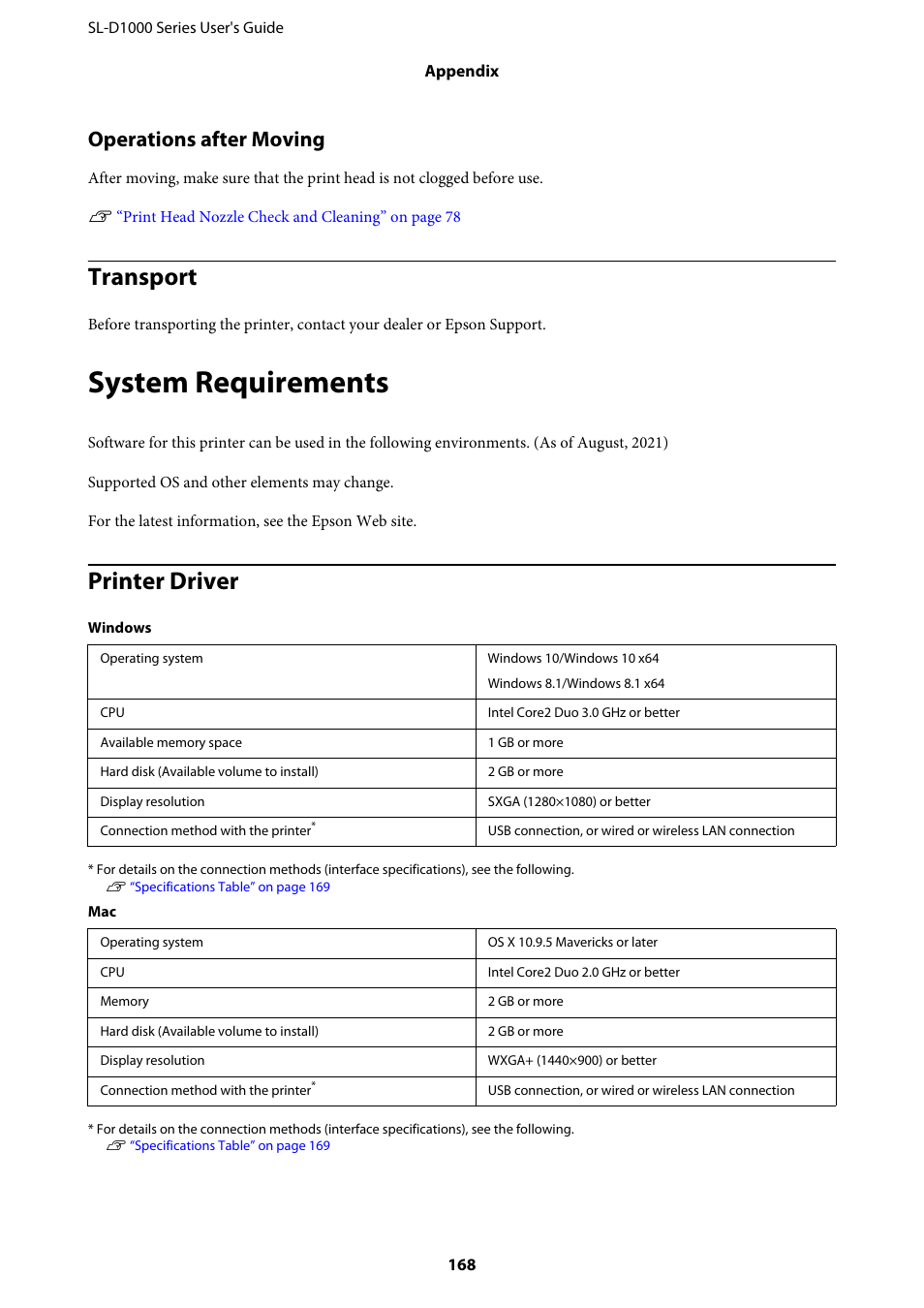 Transport, System requirements, Printer driver | Operations after moving | Epson SureLab D1070 Professional Minilab Printer User Manual | Page 168 / 198