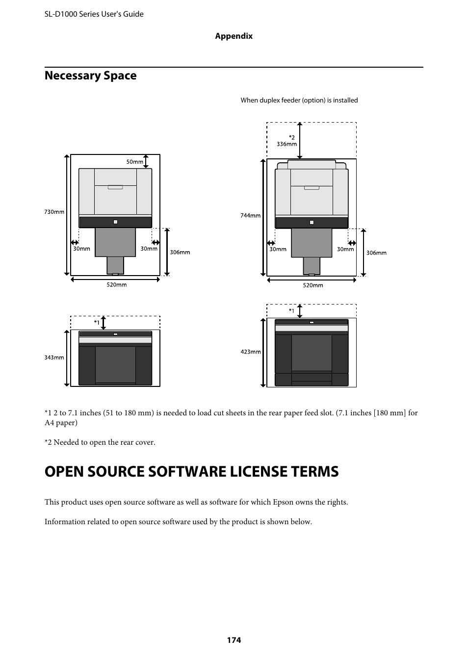 Necessary space, Open source software license terms | Epson SureLab D1070 Professional Minilab Printer User Manual | Page 174 / 198