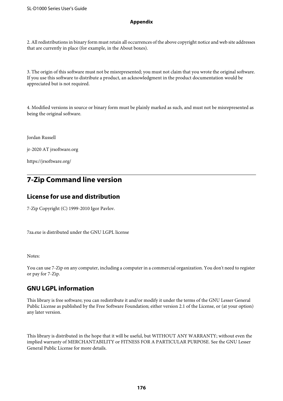 Zip command line version, License for use and distribution, Gnu lgpl information | Epson SureLab D1070 Professional Minilab Printer User Manual | Page 176 / 198