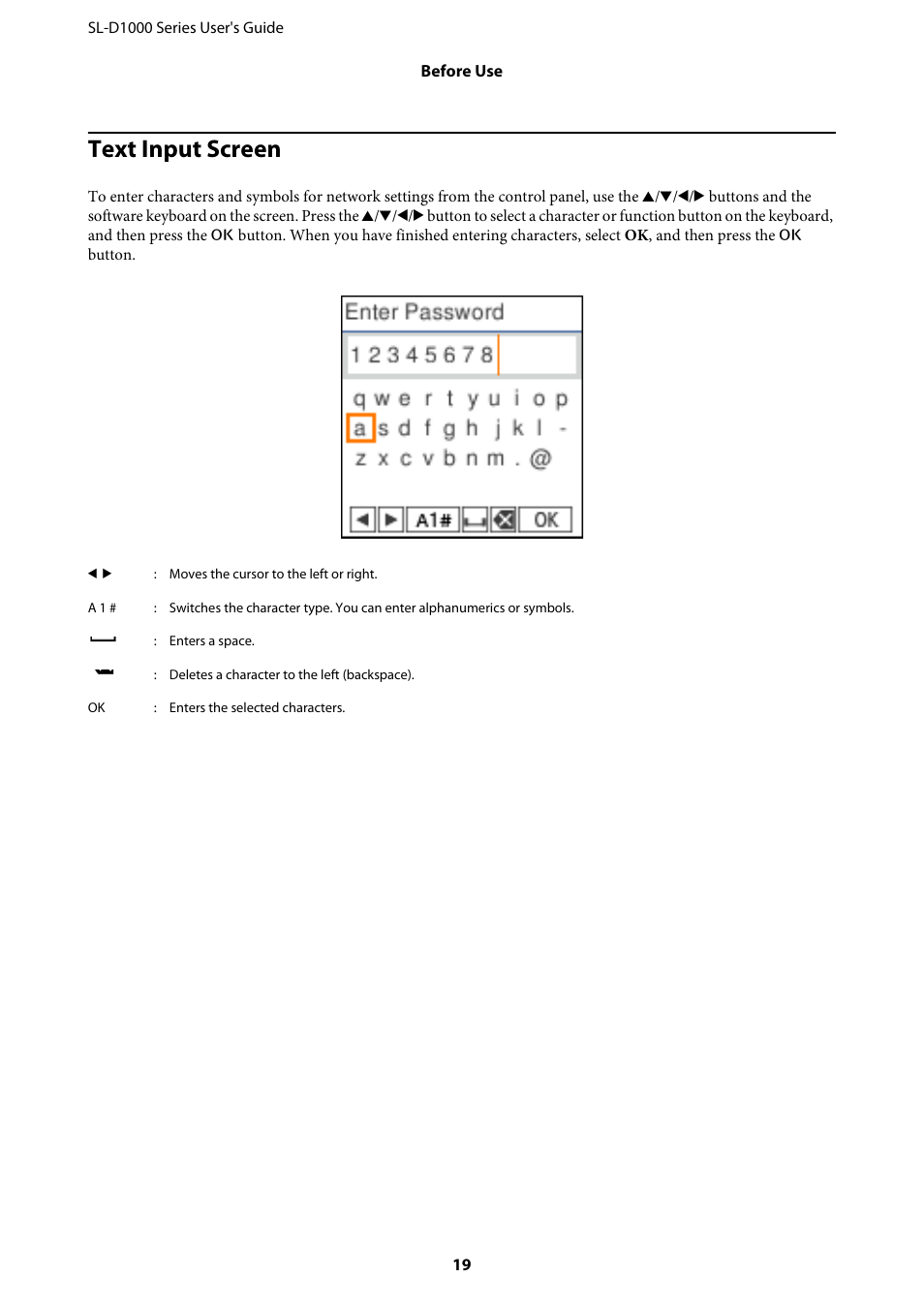 Text input screen | Epson SureLab D1070 Professional Minilab Printer User Manual | Page 19 / 198