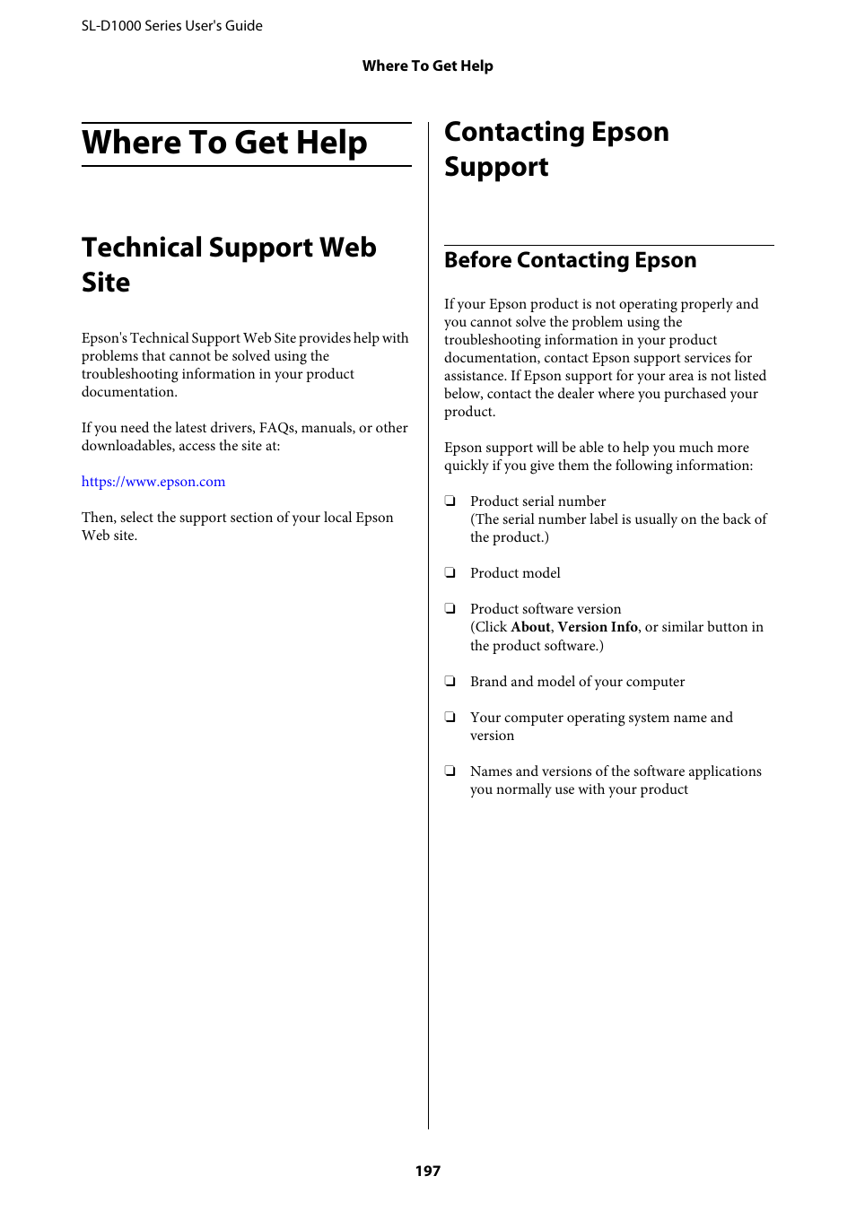 Where to get help, Technical support web site, Contacting epson support | Before contacting epson | Epson SureLab D1070 Professional Minilab Printer User Manual | Page 197 / 198