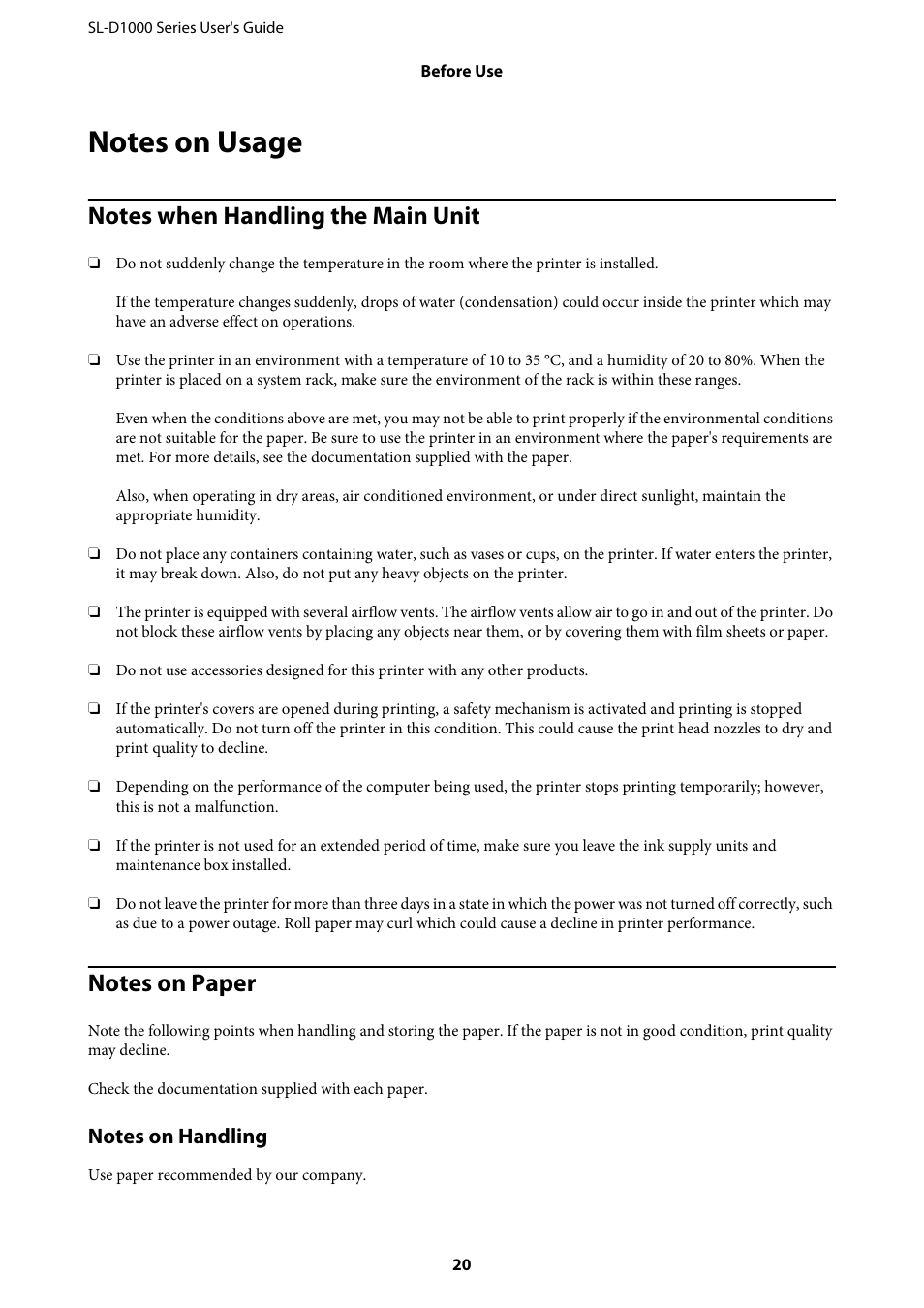 Notes on usage, Notes when handling the main unit, Notes on paper | Notes when handling the main unit notes on paper | Epson SureLab D1070 Professional Minilab Printer User Manual | Page 20 / 198