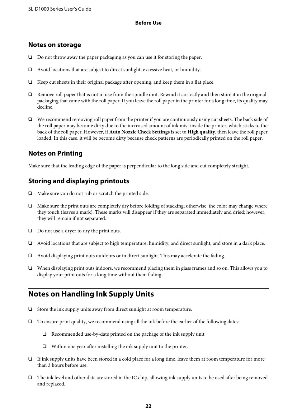 Notes on handling ink supply units, Notes on handling ink s, Storing and displaying printouts | Epson SureLab D1070 Professional Minilab Printer User Manual | Page 22 / 198