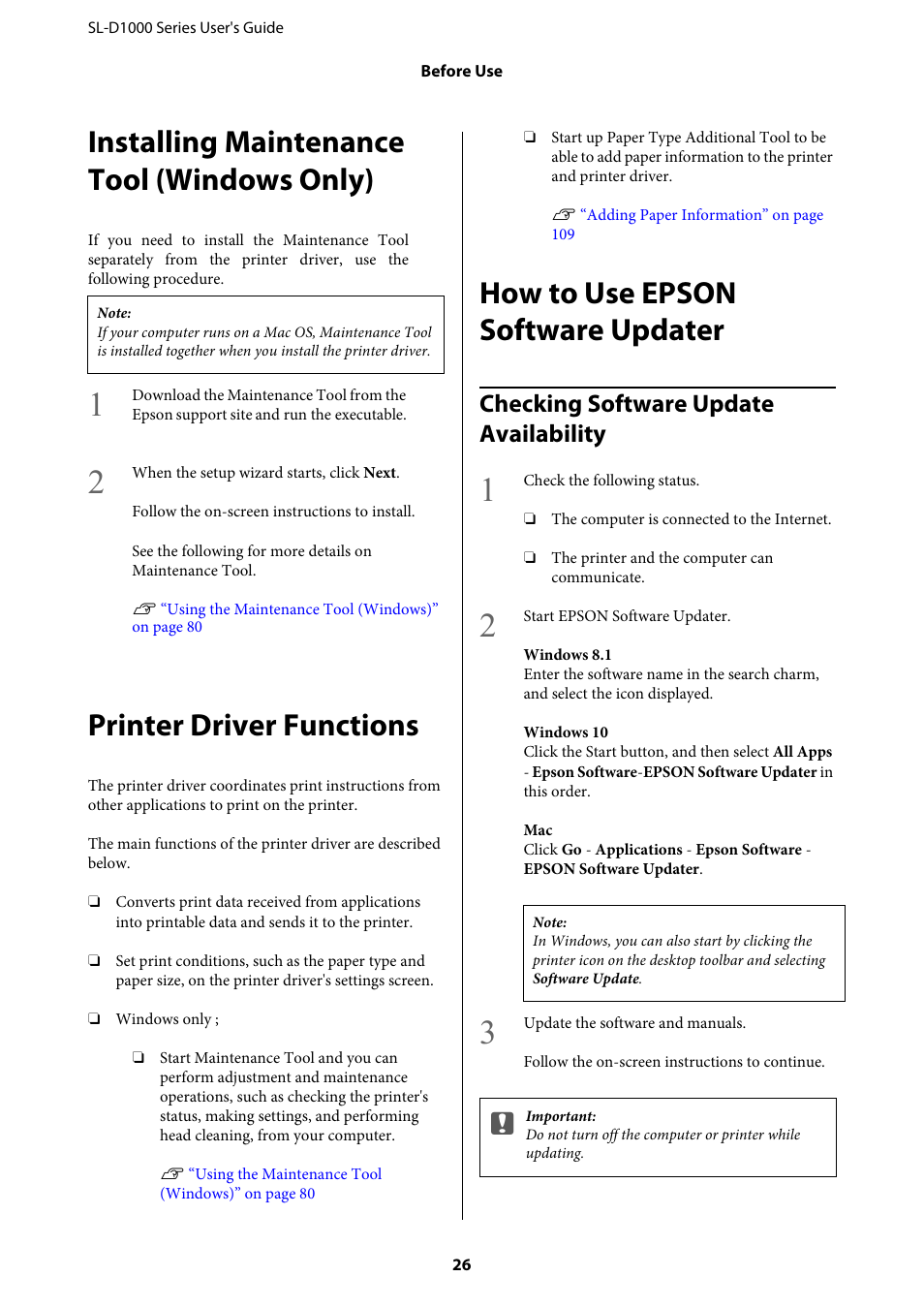 Installing maintenance tool (windows only), Printer driver functions, How to use epson software updater | Checking software update availability, How to use epson softw | Epson SureLab D1070 Professional Minilab Printer User Manual | Page 26 / 198