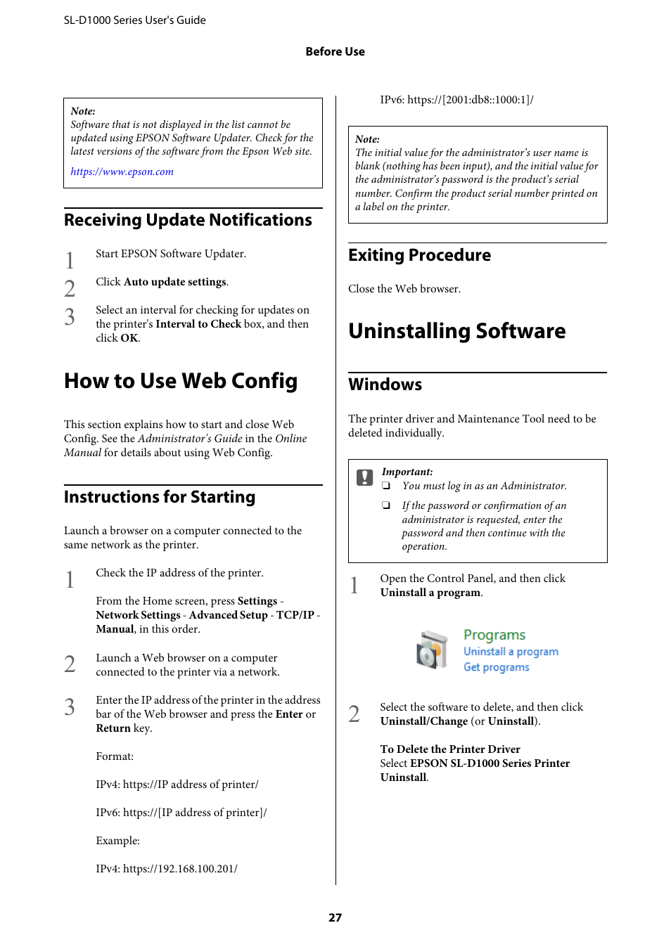 Receiving update notifications, How to use web config, Instructions for starting | Exiting procedure, Uninstalling software, Windows, Instructions for starting exiting procedure | Epson SureLab D1070 Professional Minilab Printer User Manual | Page 27 / 198