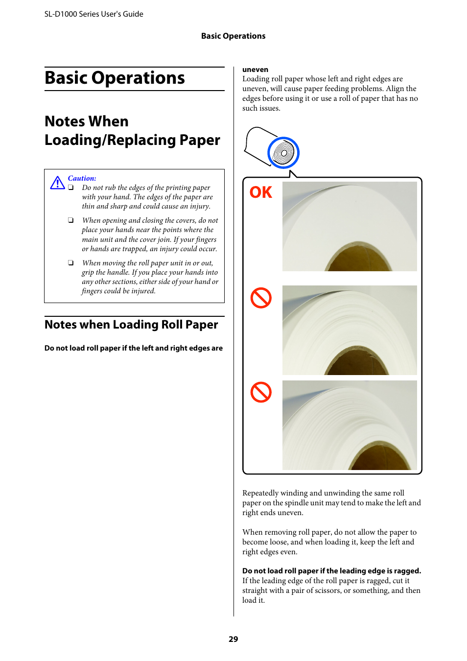 Basic operations, Notes when loading/replacing paper, Notes when loading roll paper | Epson SureLab D1070 Professional Minilab Printer User Manual | Page 29 / 198