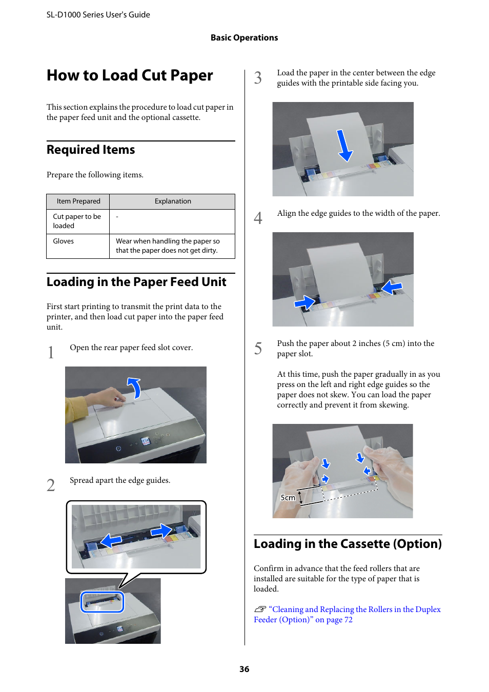 How to load cut paper, Required items, Loading in the paper feed unit | Loading in the cassette (option), Required items loading in the paper feed unit, Loading in the cassette | Epson SureLab D1070 Professional Minilab Printer User Manual | Page 36 / 198