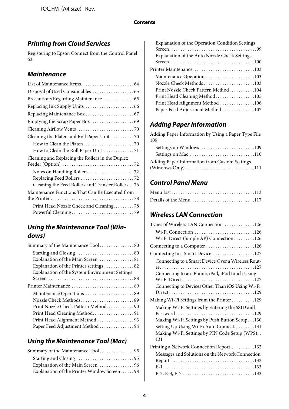 Printing from cloud services, Maintenance, Using the maintenance tool (win- dows) | Using the maintenance tool (mac), Adding paper information, Control panel menu, Wireless lan connection | Epson SureLab D1070 Professional Minilab Printer User Manual | Page 4 / 198