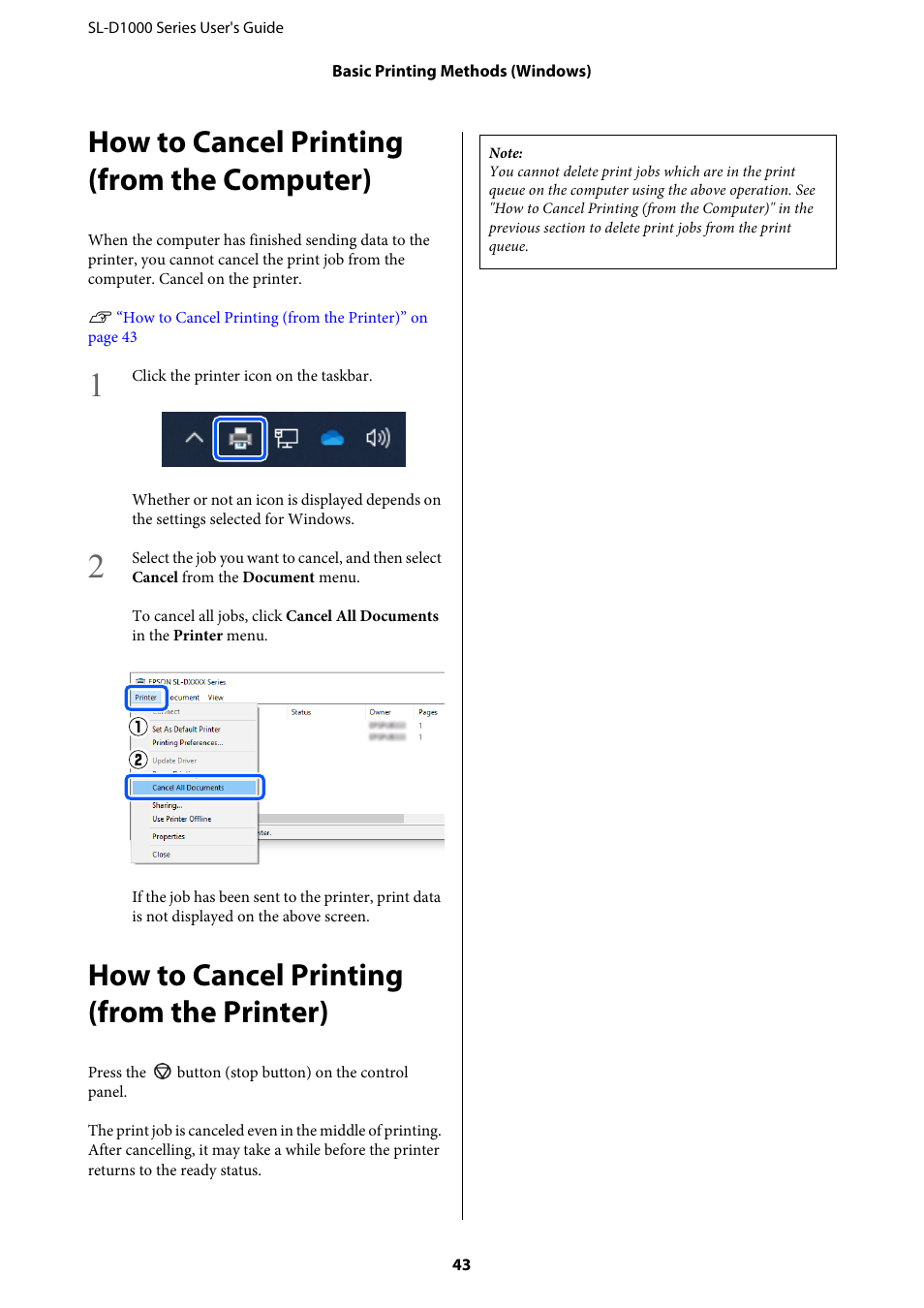 How to cancel printing (from the computer), How to cancel printing (from the printer) | Epson SureLab D1070 Professional Minilab Printer User Manual | Page 43 / 198