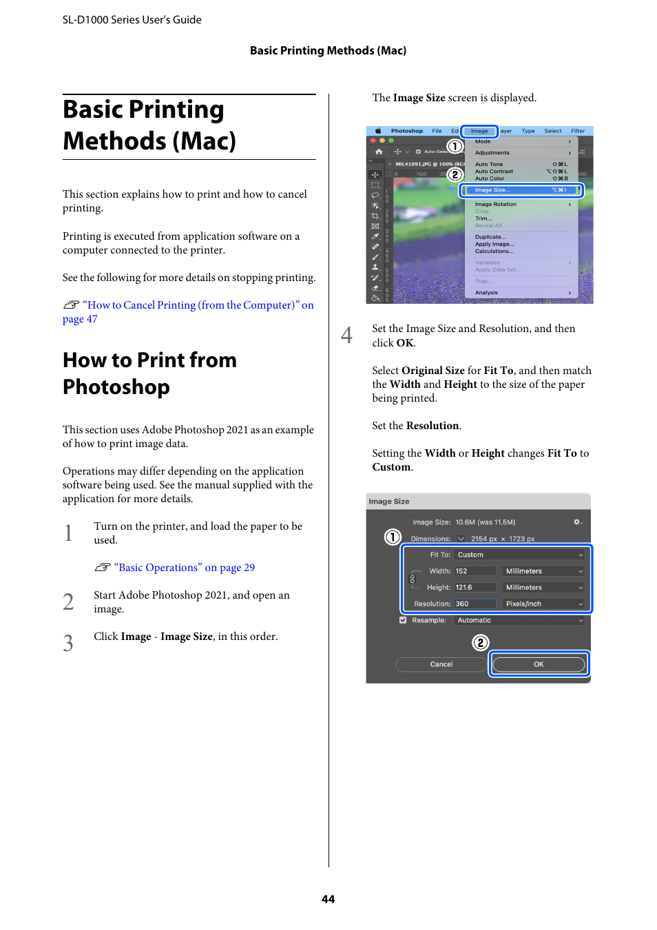 Basic printing methods (mac), How to print from photoshop | Epson SureLab D1070 Professional Minilab Printer User Manual | Page 44 / 198