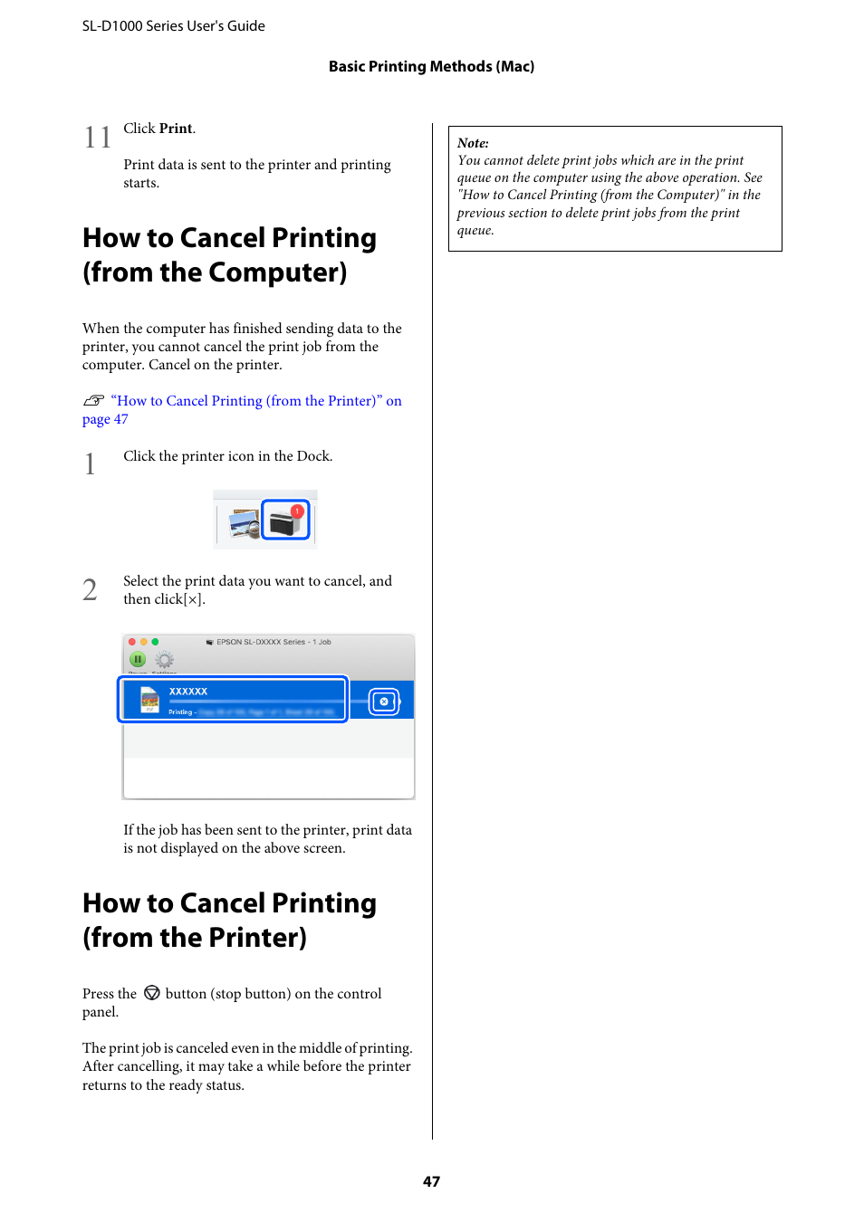 How to cancel printing (from the computer), How to cancel printing (from the printer) | Epson SureLab D1070 Professional Minilab Printer User Manual | Page 47 / 198