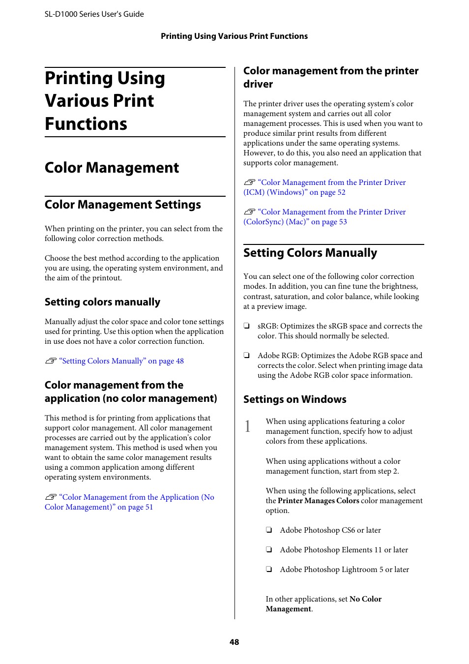 Printing using various print functions, Color management, Color management settings | Setting colors manually, Color management settings setting colors manually, Color management from the printer driver, Settings on windows | Epson SureLab D1070 Professional Minilab Printer User Manual | Page 48 / 198